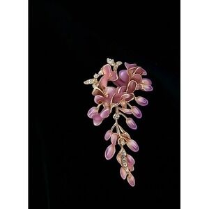 Wisteria Flower Brooch Gold Purple Pink Enamel Crystal Drop Vintage Style Pin